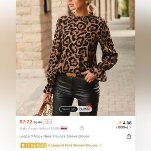Leopard Mock Neck Flounce Sleeve Blouse Small